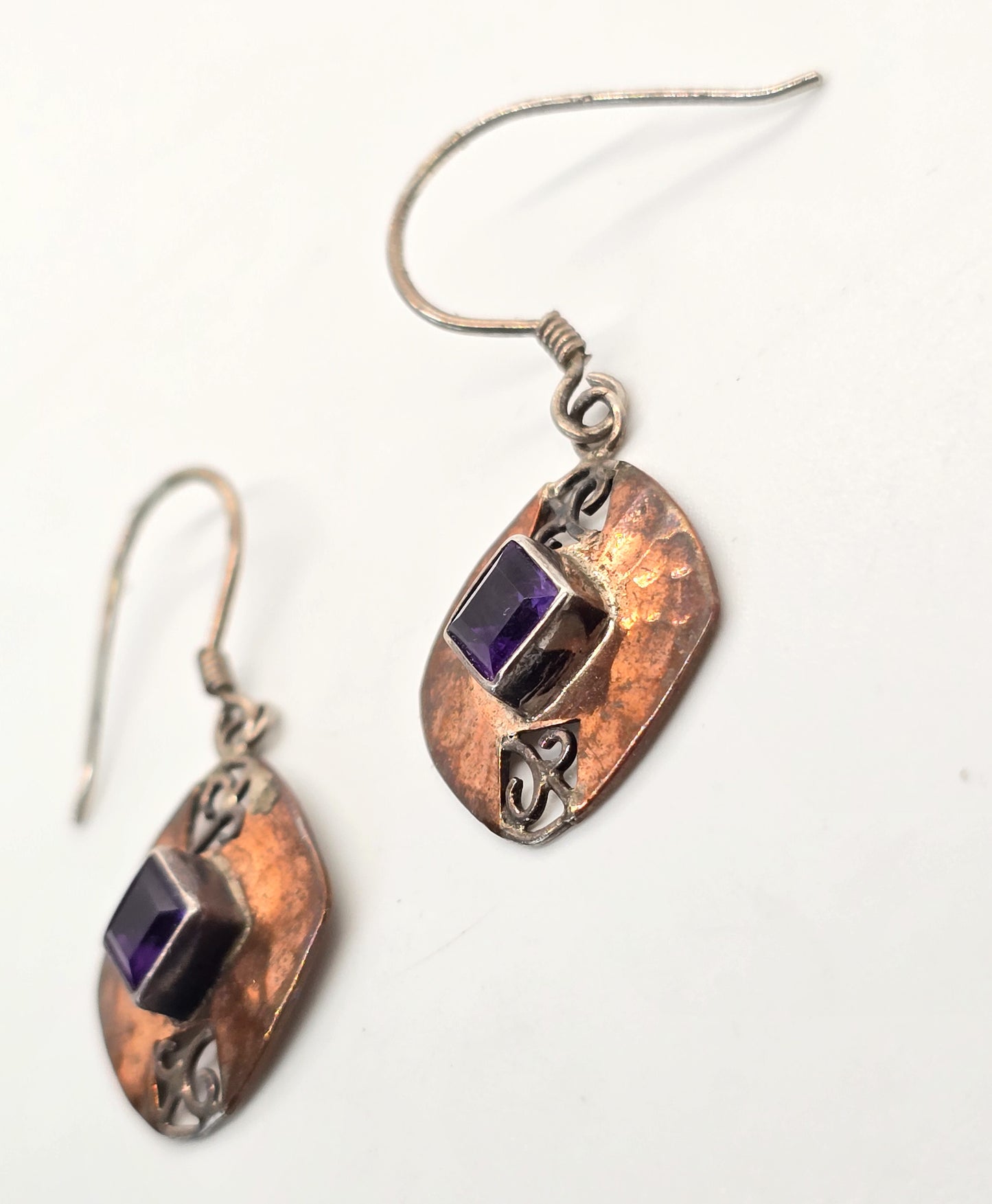 Purple amethyst princess cut hammered sterling silver drop earrings