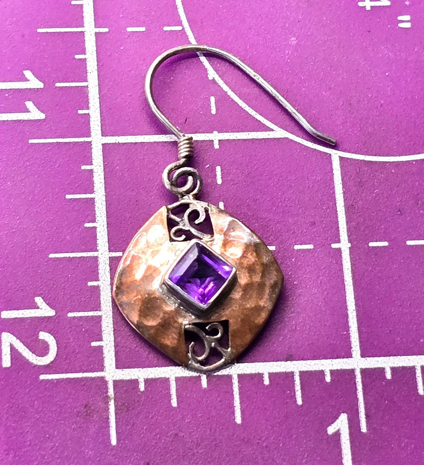 Purple amethyst princess cut hammered sterling silver drop earrings