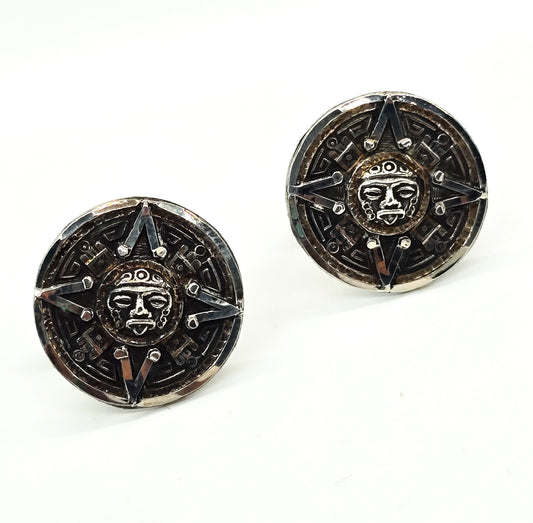 Aztec Mayan Calendar vintage Mexican sterling silver signed cufflinks Eagle stamp
