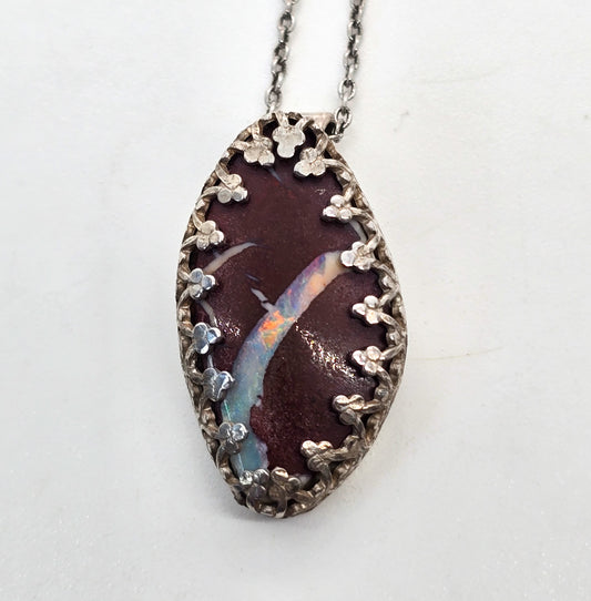 Boulder Opal hand crafted vintage sterling silver gemstone necklace