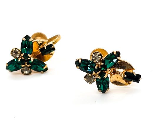Green and gold Rhinestone flower vintage gold toned screw back earrings