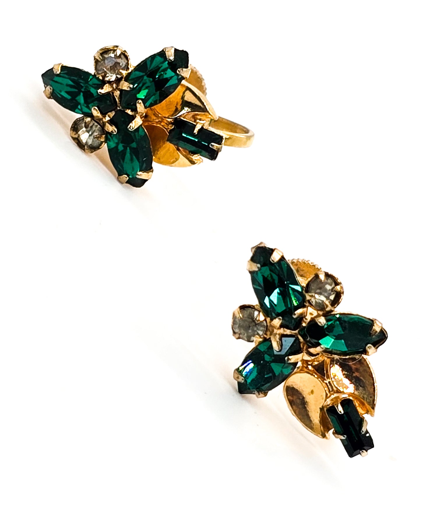 Green and gold Rhinestone flower vintage gold toned screw back earrings