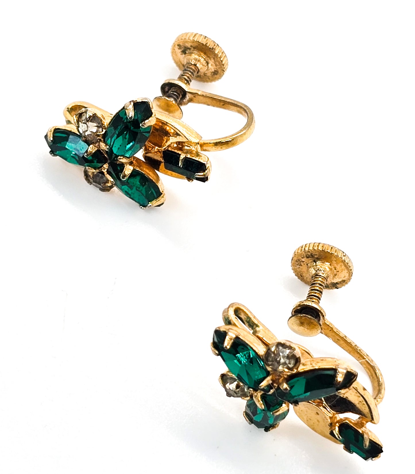Green and gold Rhinestone flower vintage gold toned screw back earrings