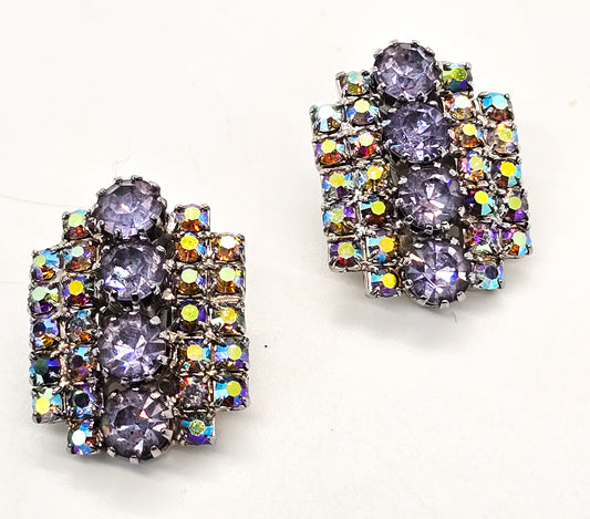 Purple Aurora Borealis rainbow bright mid century rhinestone vintage clip on earrings