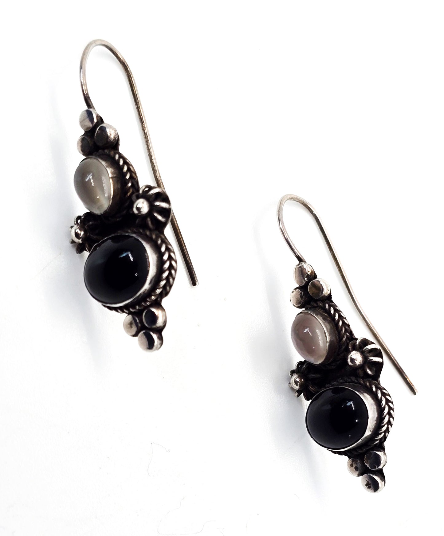 FAS onyx and white cat's eye chatoyant gemstone sterling silver earrings