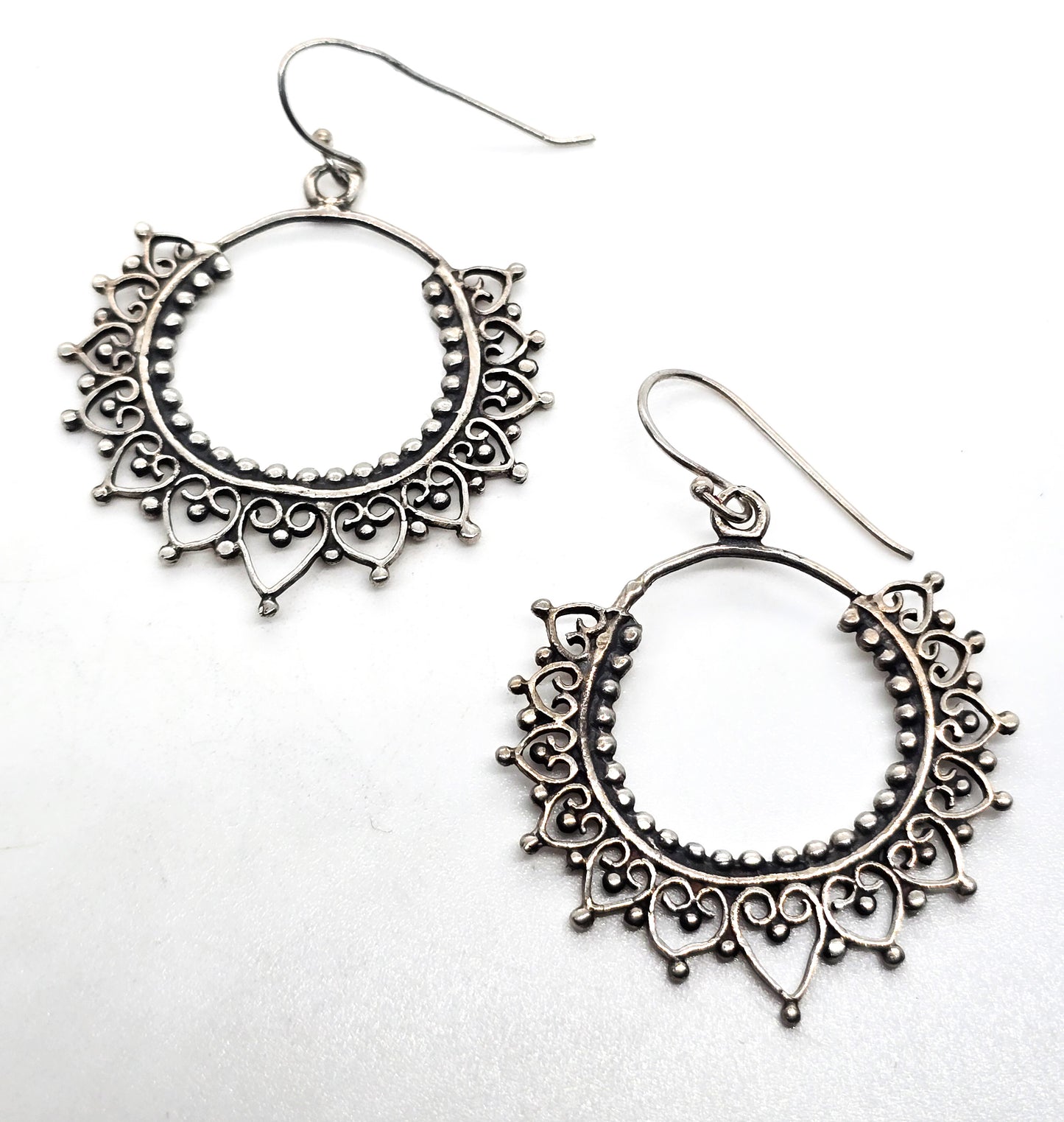 Mandala filigree sterling silver Indian silver drop hoop earrings