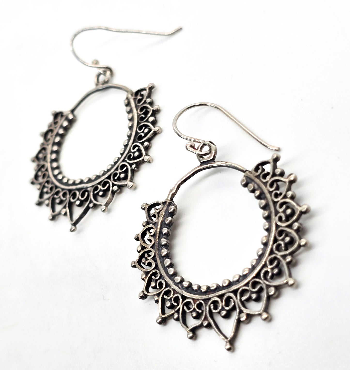 Mandala filigree sterling silver Indian silver drop hoop earrings