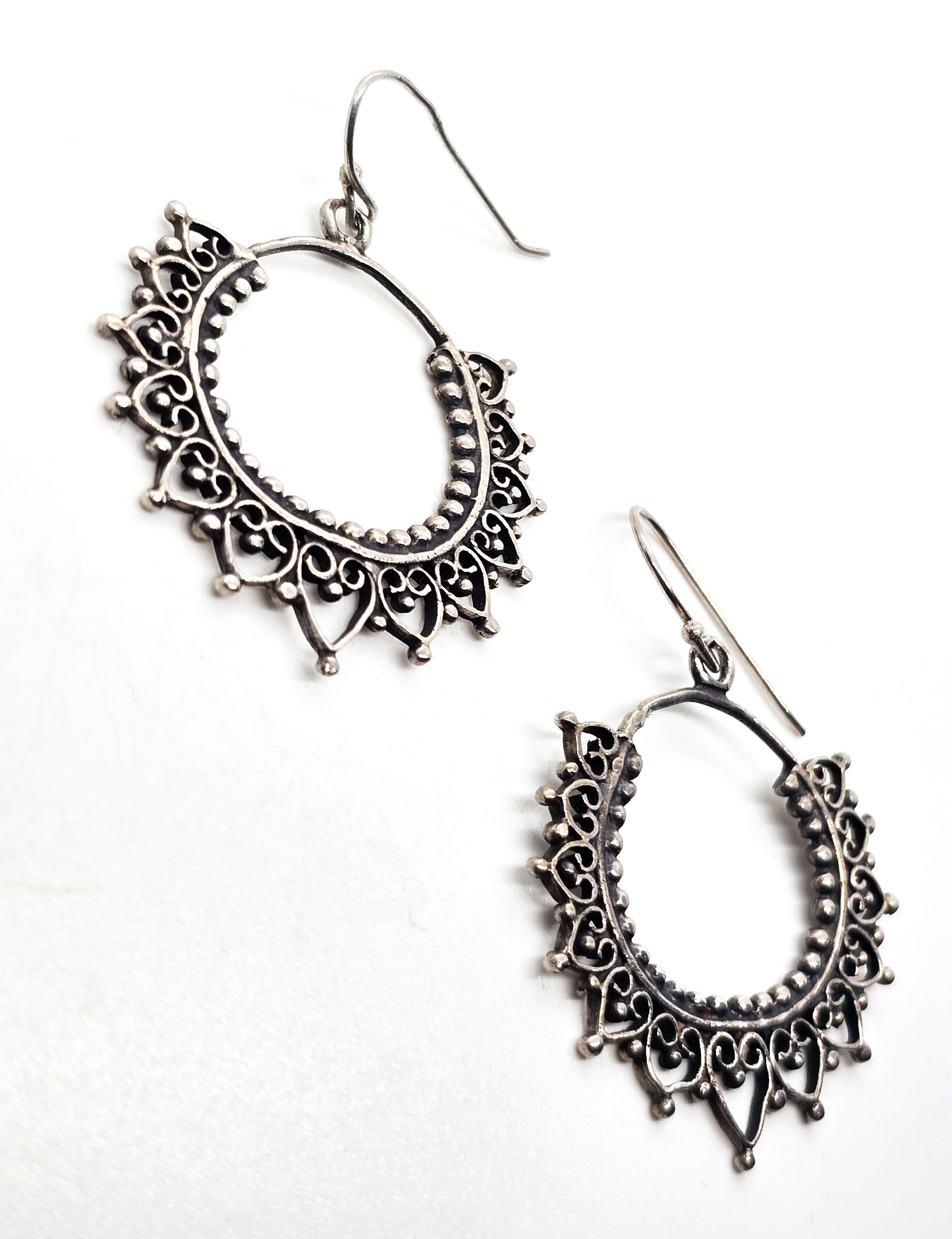Mandala filigree sterling silver Indian silver drop hoop earrings