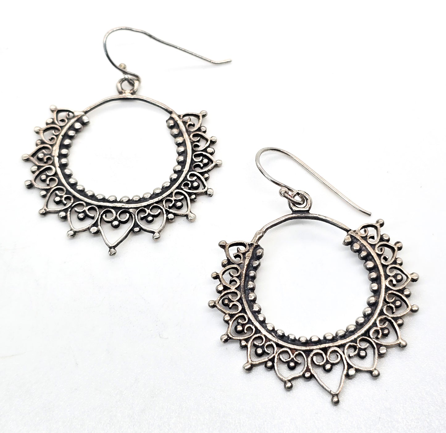 Mandala filigree sterling silver Indian silver drop hoop earrings