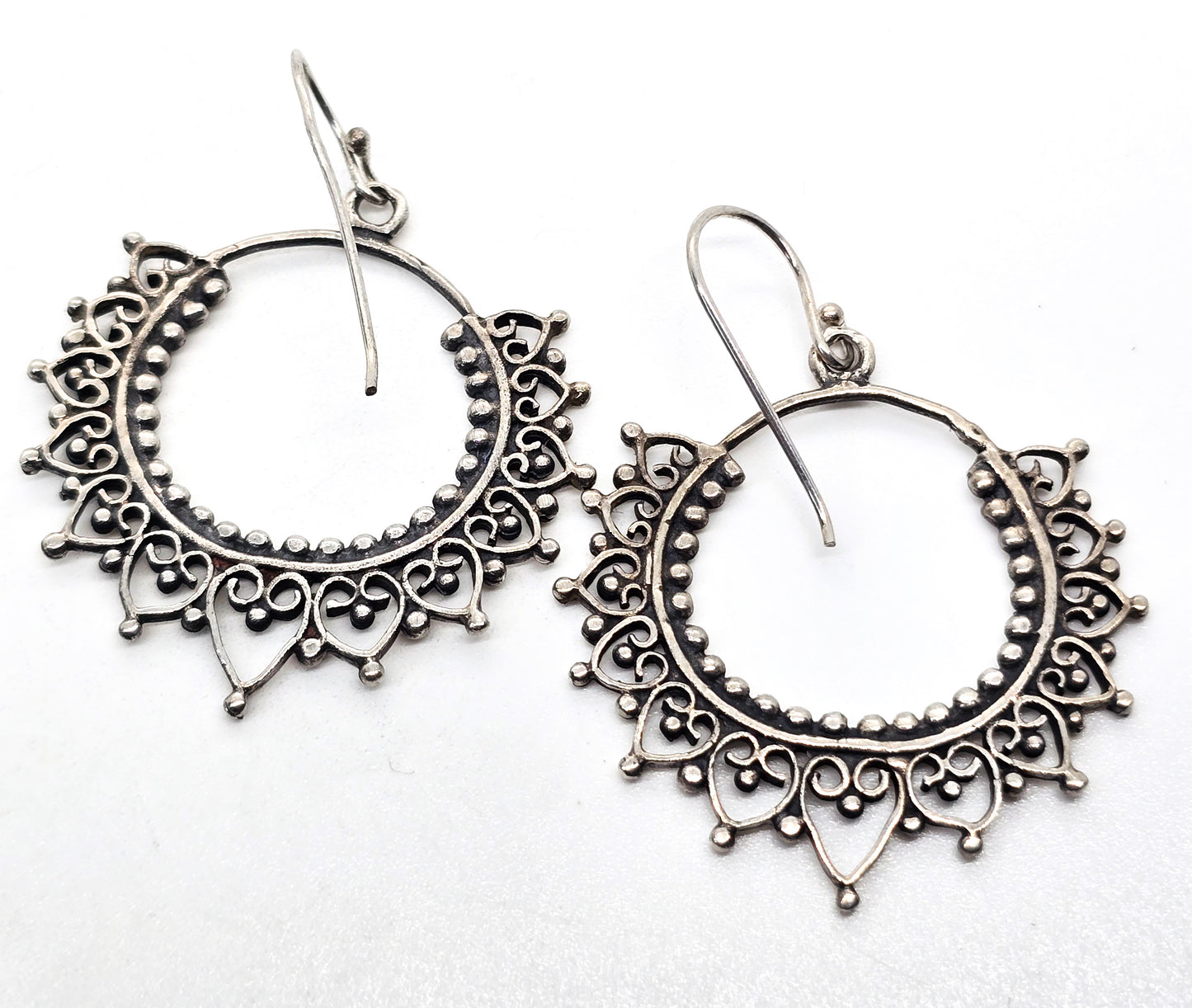 Mandala filigree sterling silver Indian silver drop hoop earrings