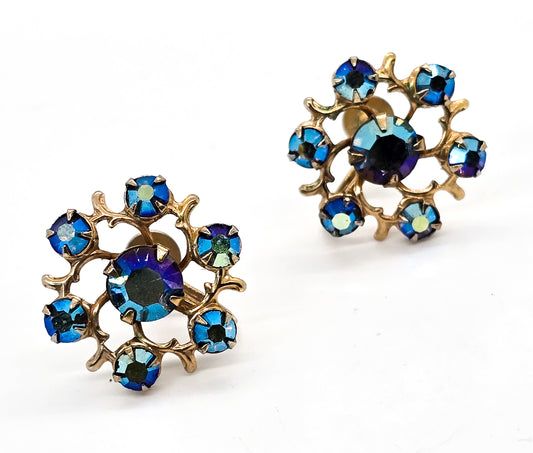 Weiss blue aurora borealis rhinestone gold toned flower vintage screw back earrings