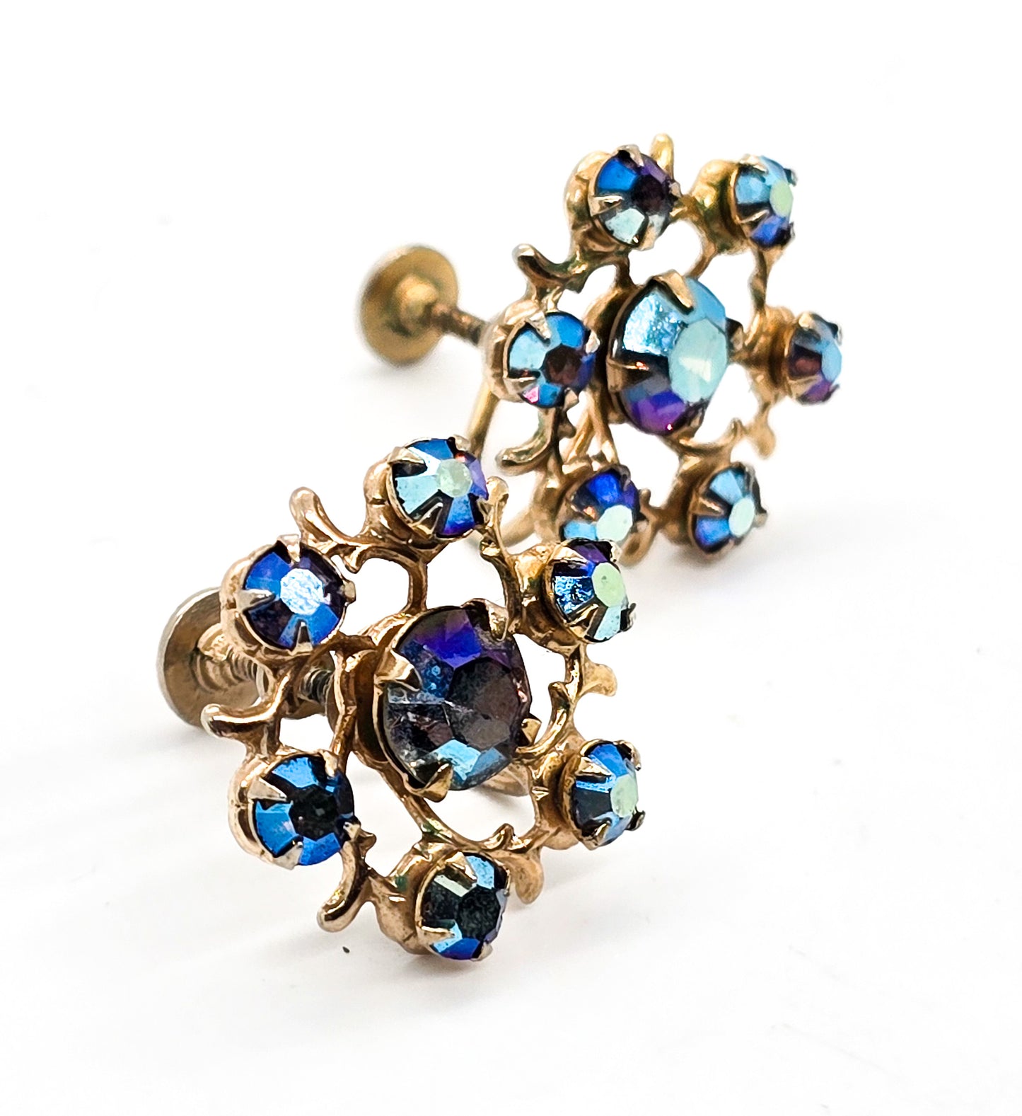 Weiss blue aurora borealis rhinestone gold toned flower vintage screw back earrings