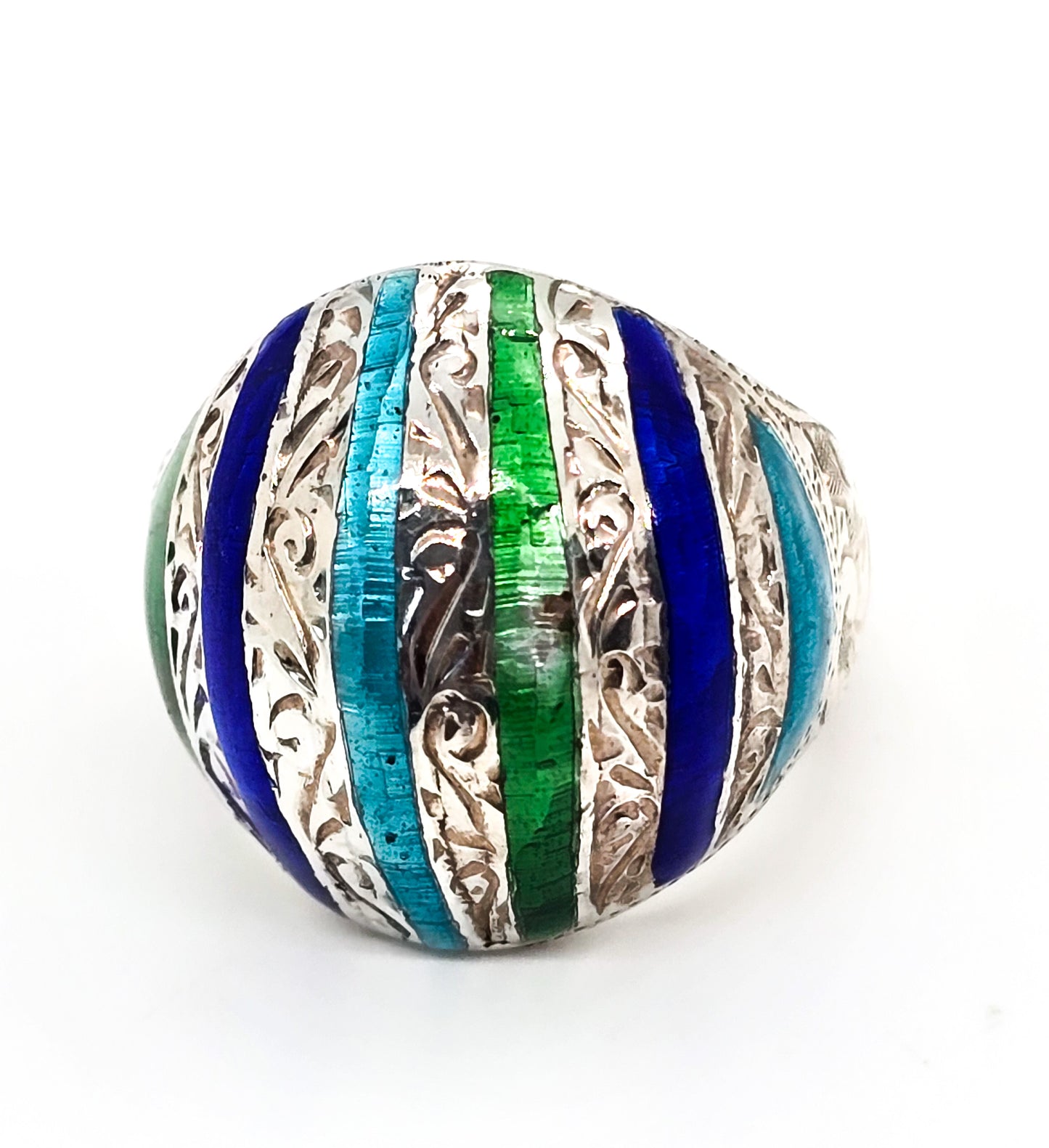 Blue and Green Guilloche enamel Domed hollow sterling silver vintage ring size 6