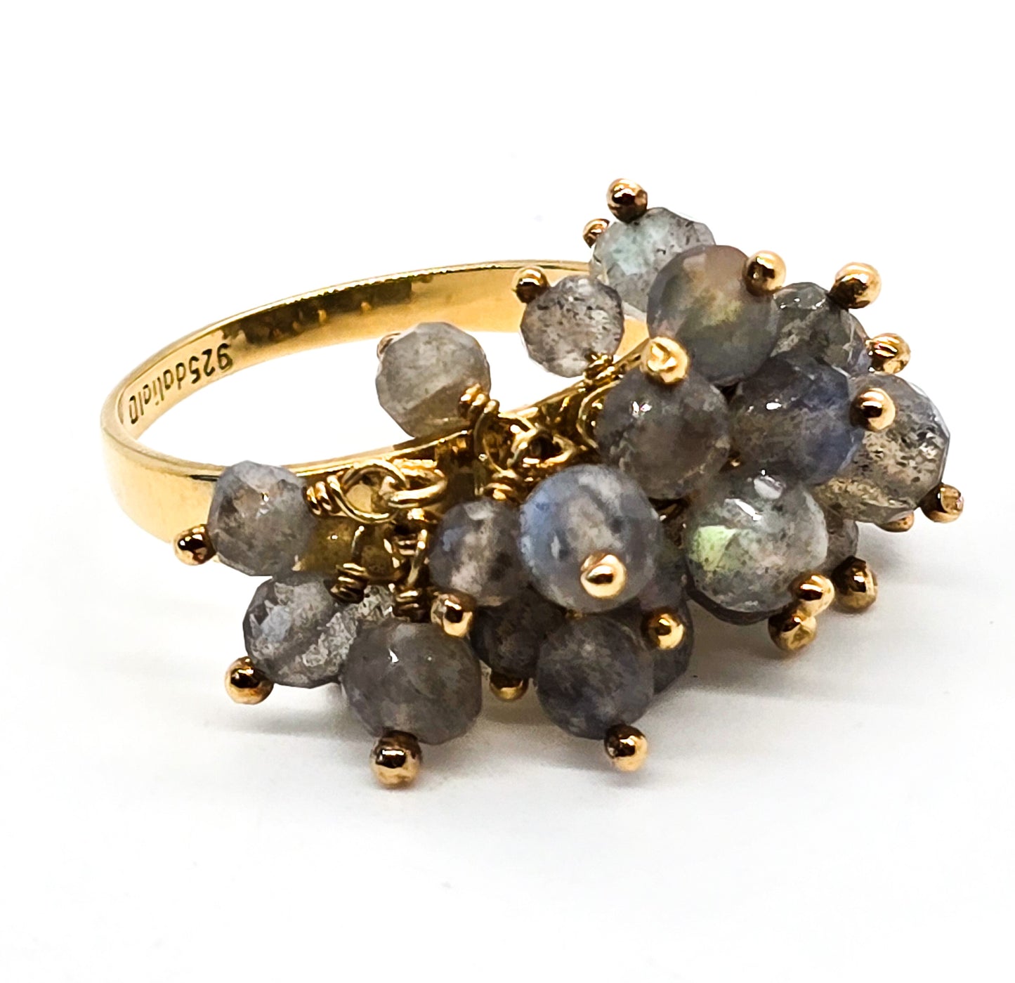 Dalia Labradorite flashy beaded vermeil gold over sterling silver tassel ring size 10