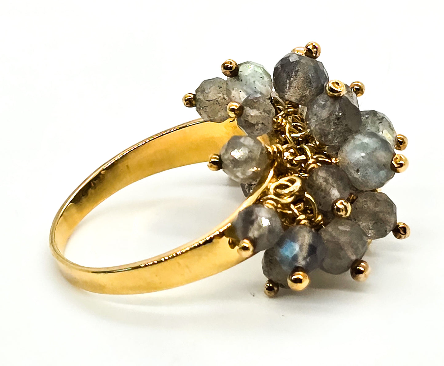 Dalia Labradorite flashy beaded vermeil gold over sterling silver tassel ring size 10