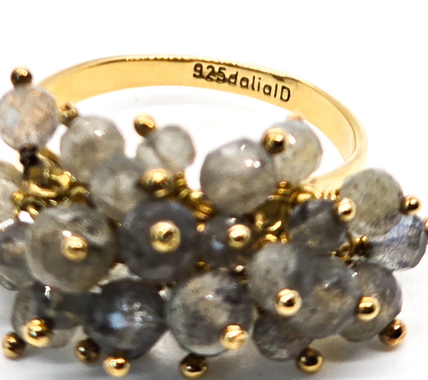 Dalia Labradorite flashy beaded vermeil gold over sterling silver tassel ring size 10