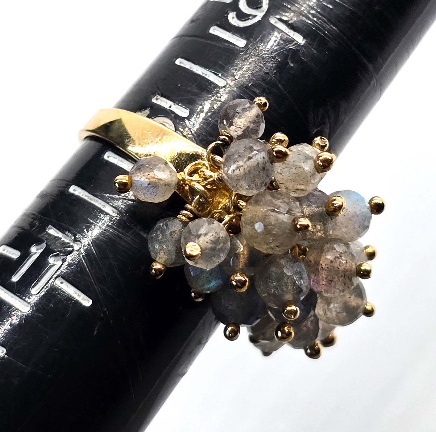 Dalia Labradorite flashy beaded vermeil gold over sterling silver tassel ring size 10