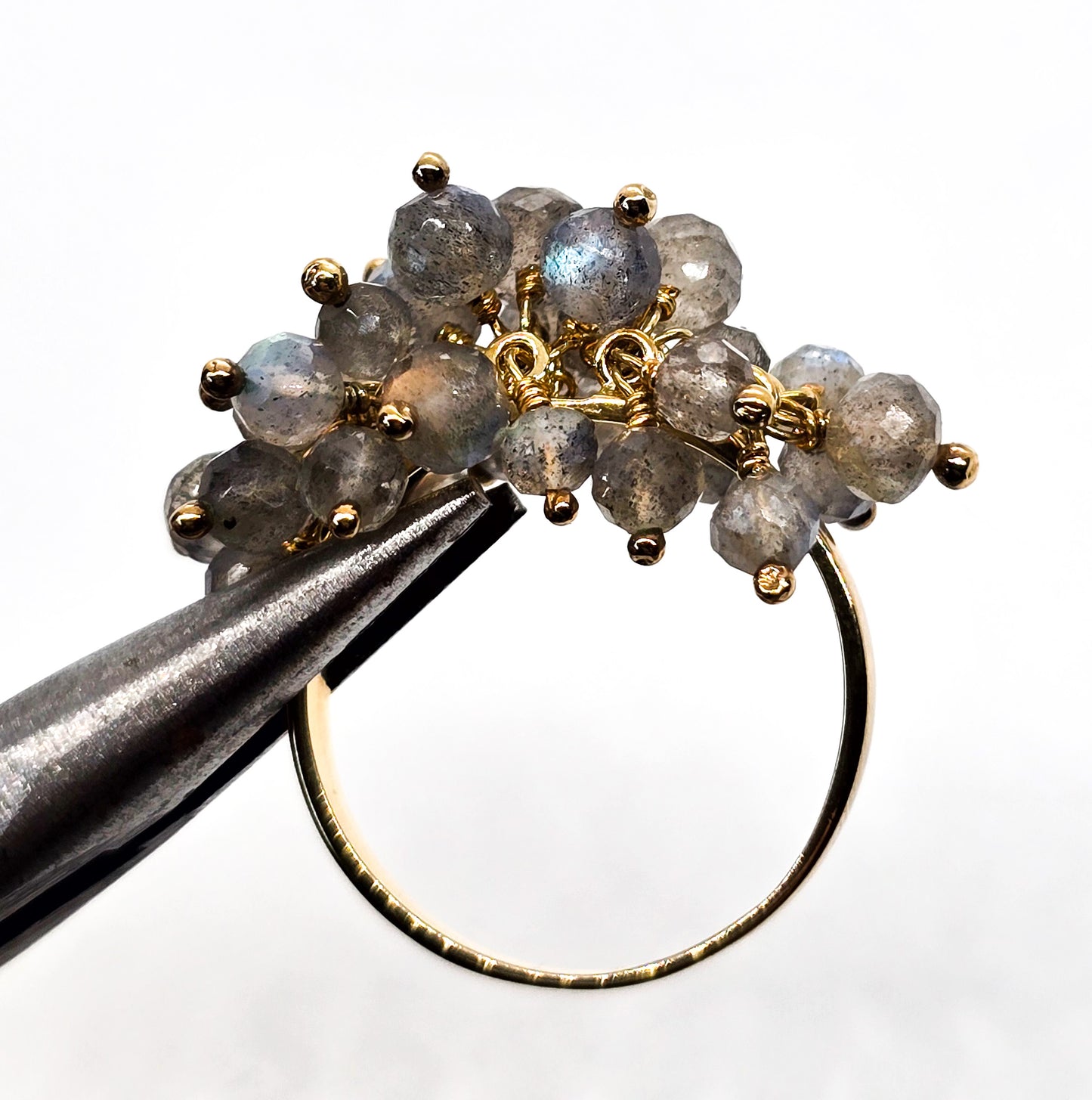 Dalia Labradorite flashy beaded vermeil gold over sterling silver tassel ring size 10