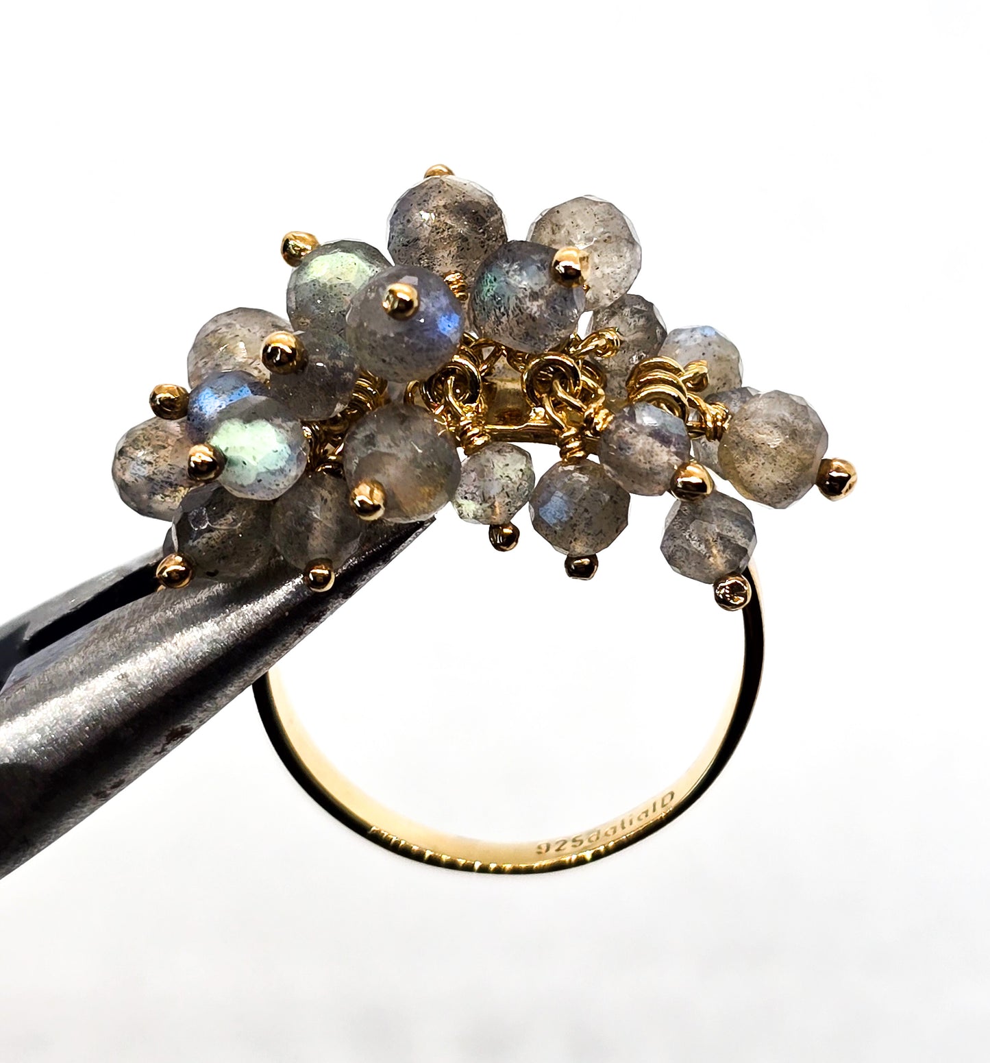 Dalia Labradorite flashy beaded vermeil gold over sterling silver tassel ring size 10