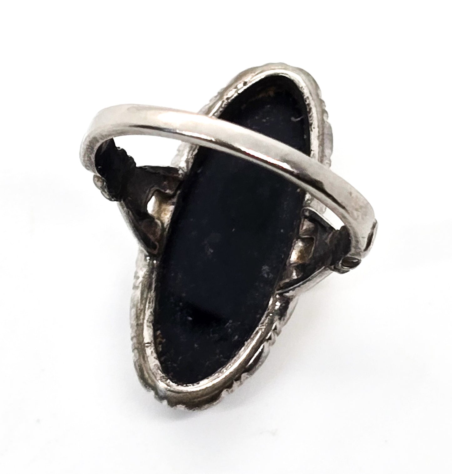 Uncas Art Deco black onyx antique sterling silver ring size 4 and 1/2