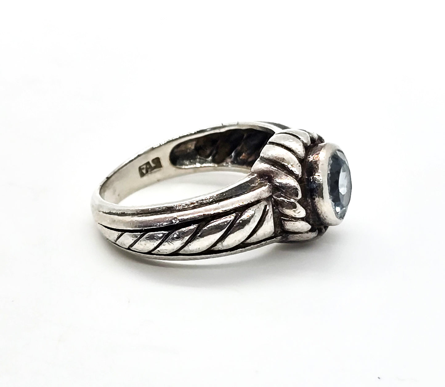 Blue Topaz twisted rope FAS signed vintage thick sterling silver ring size 8