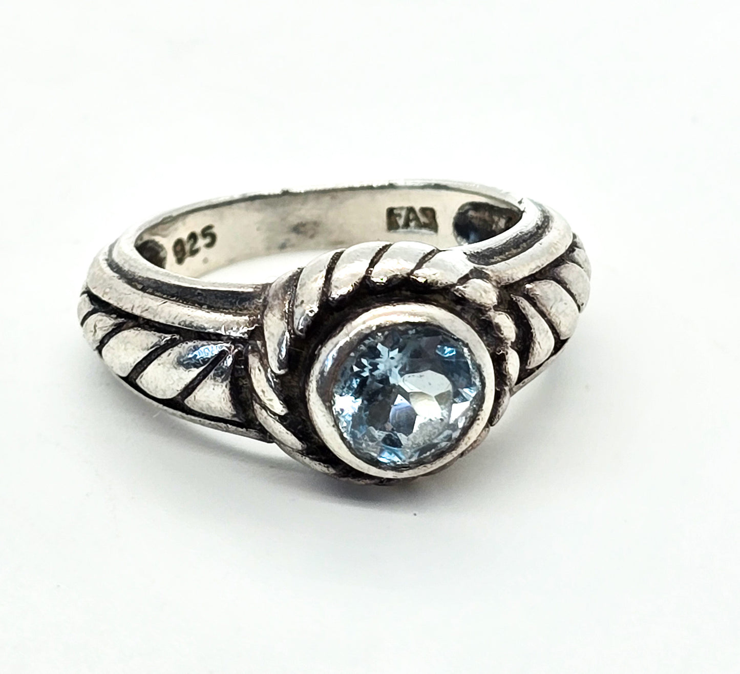 Blue Topaz twisted rope FAS signed vintage thick sterling silver ring size 8