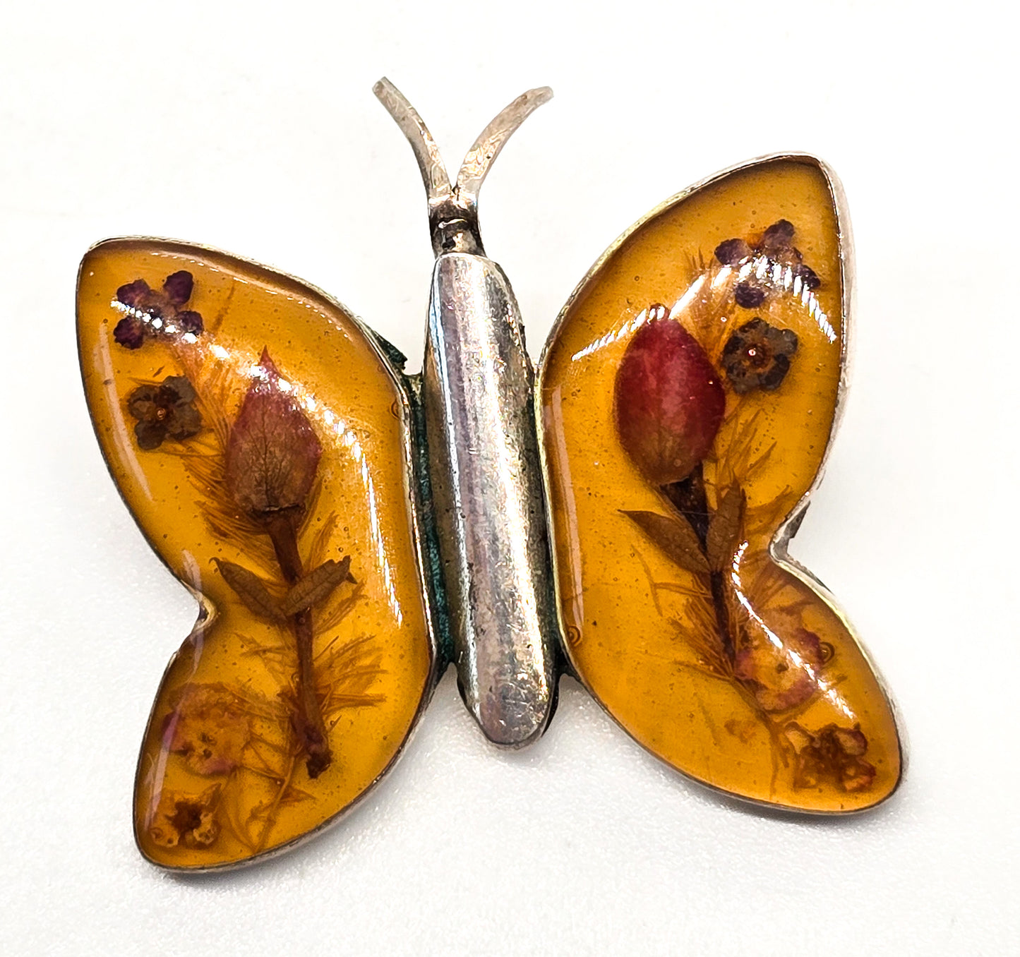 Dried resin flower butterfly sterling silver vintage pendant brooch