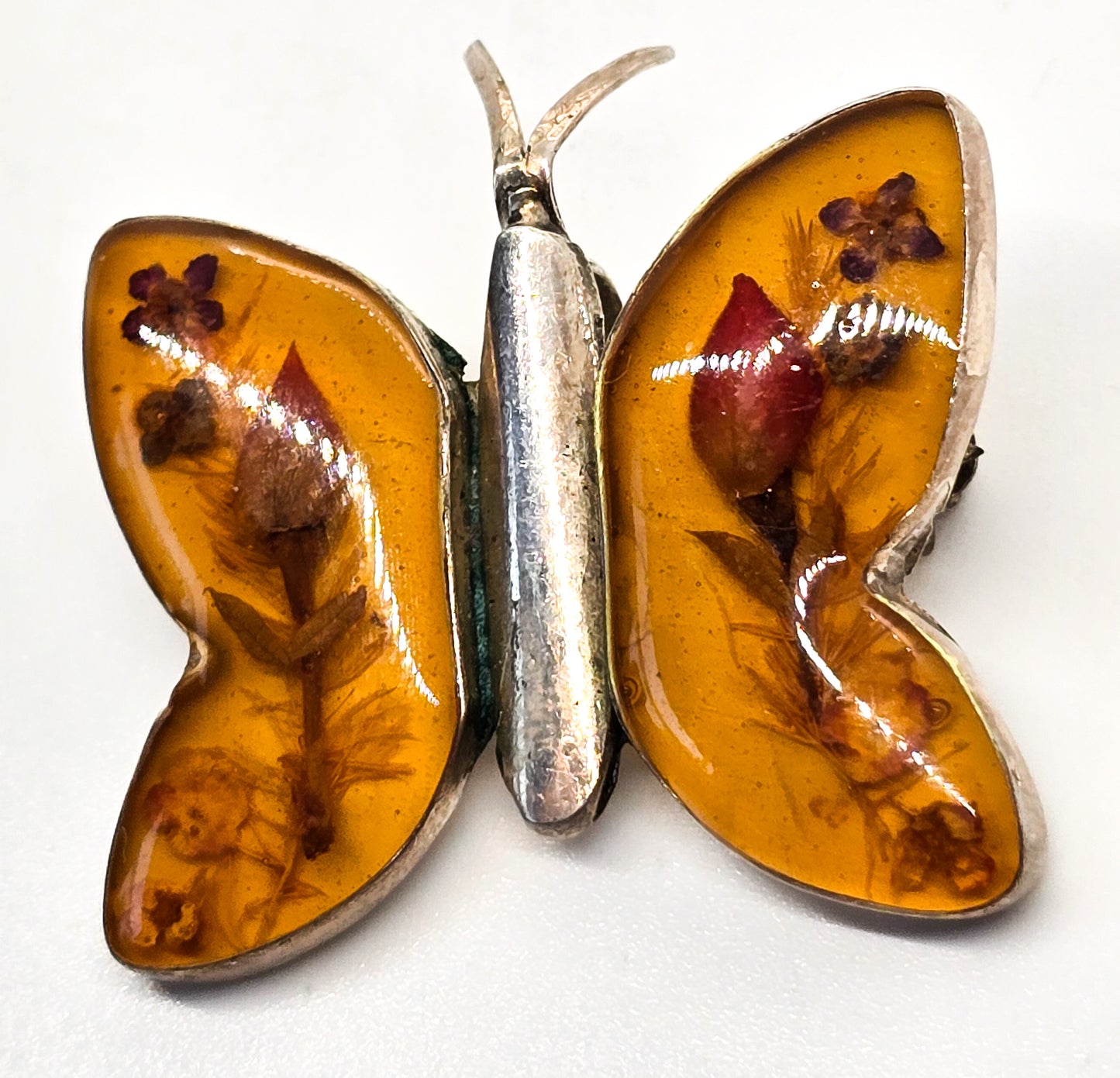 Dried resin flower butterfly sterling silver vintage pendant brooch