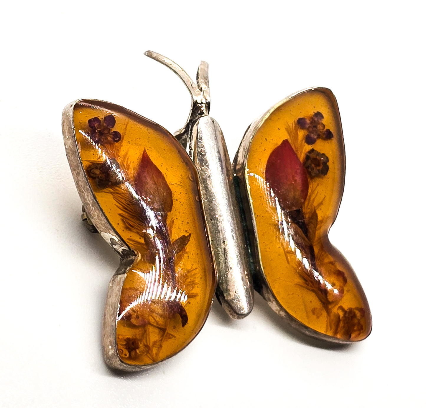 Dried resin flower butterfly sterling silver vintage pendant brooch