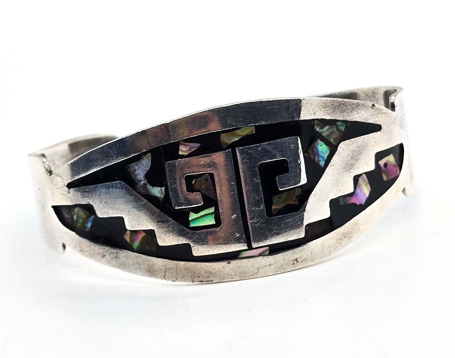 Abalone inlay Native Taxco Mexico TF-39 vintage sterling silver cuff bracelet