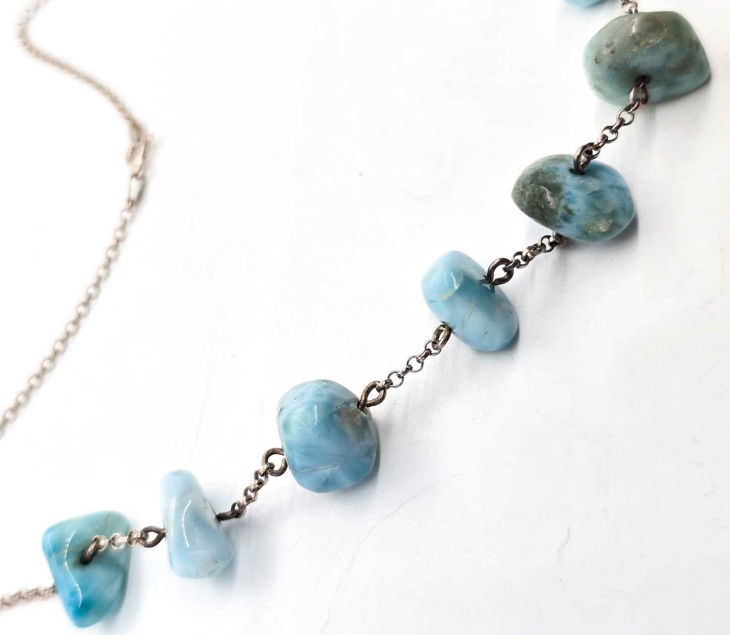 Larimar nugget tumbled Dominican Republic sterling silver stationary necklace