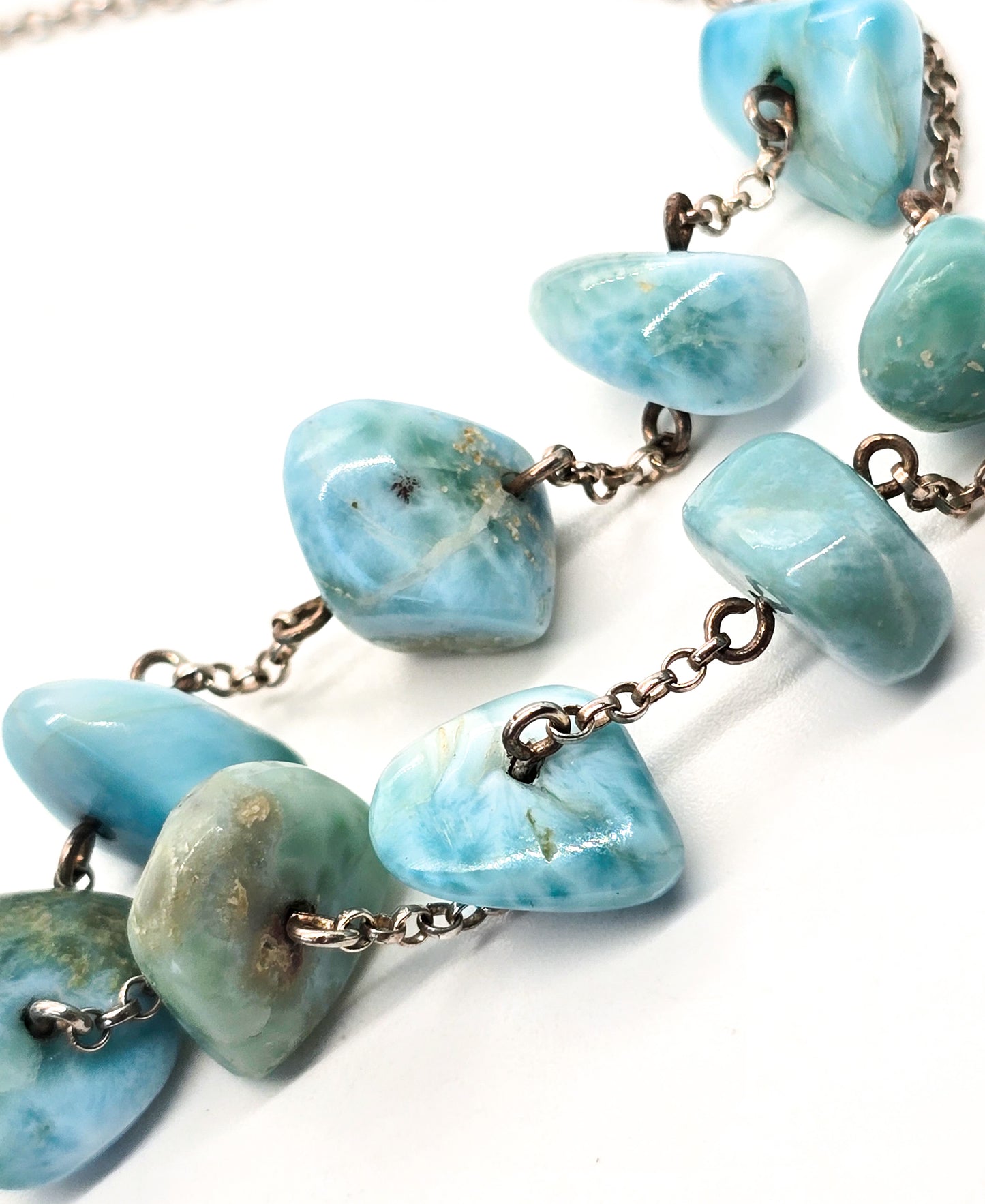 Larimar nugget tumbled Dominican Republic sterling silver stationary necklace