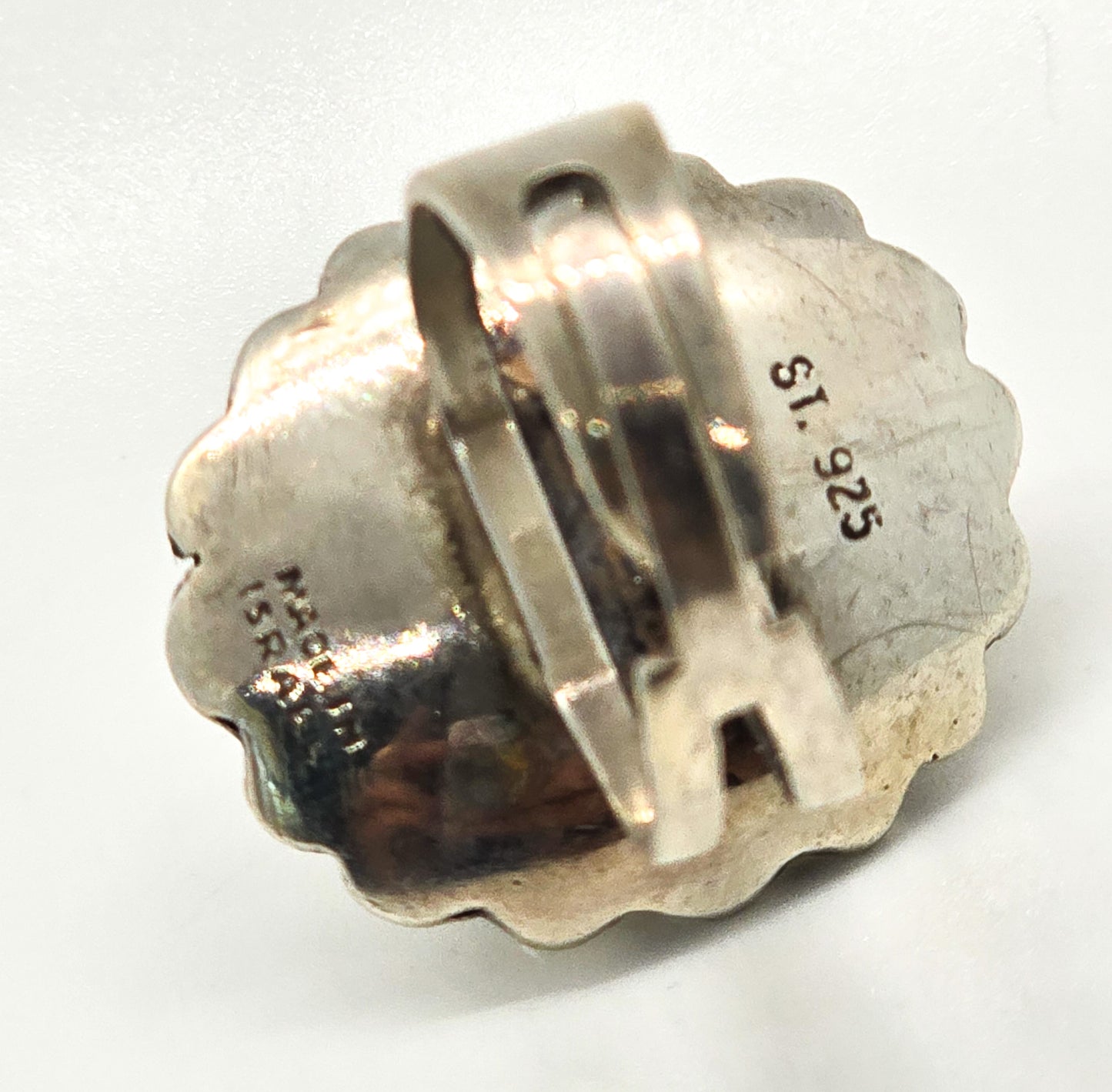 Egyptian Revival Chrysoprase carved Scarab Israel ST sterling silver adjustable ring size 7