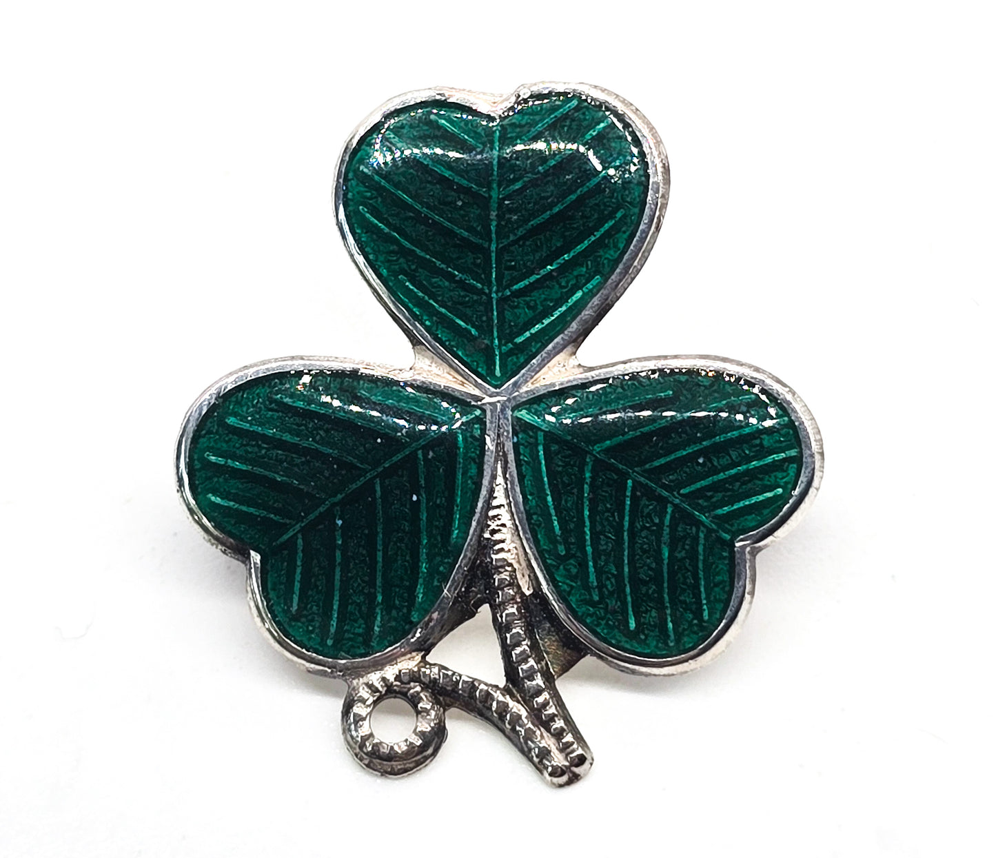 Clover Guilloche green enamel vintage Irish sterling silver brooch hallmarked