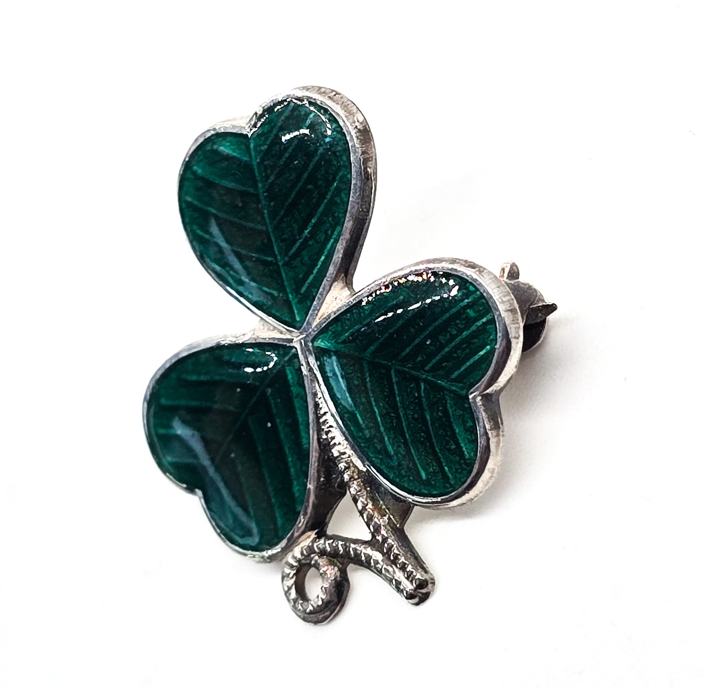 Clover Guilloche green enamel vintage Irish sterling silver brooch hallmarked