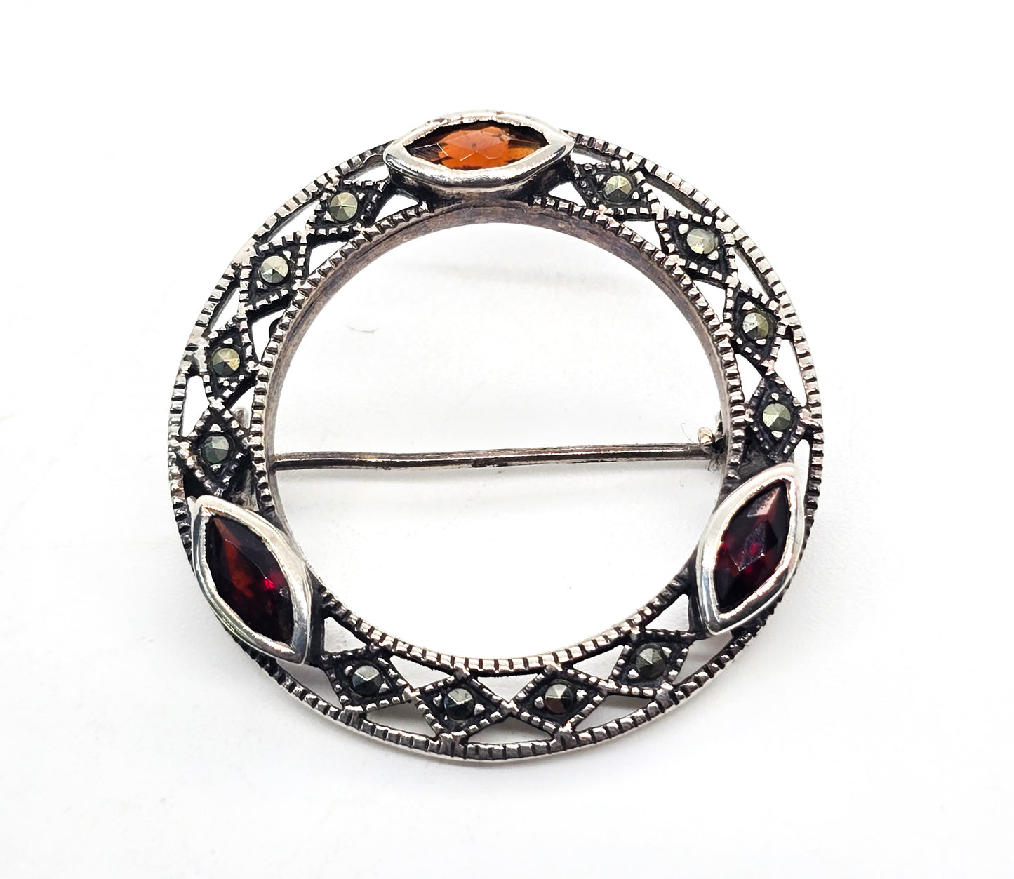 Garnet and marcasite vintage red gemstone and sterling silver circle infinity brooch