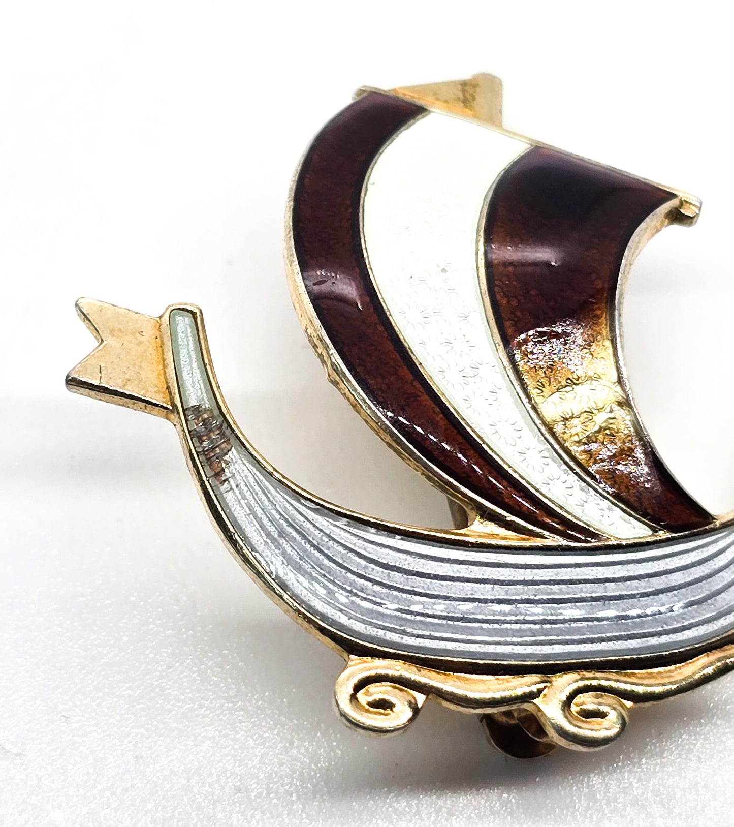 Viking ship Guilloche Aksel Holmsen Norway Sterling Silver Enameled brooch CHIPPED