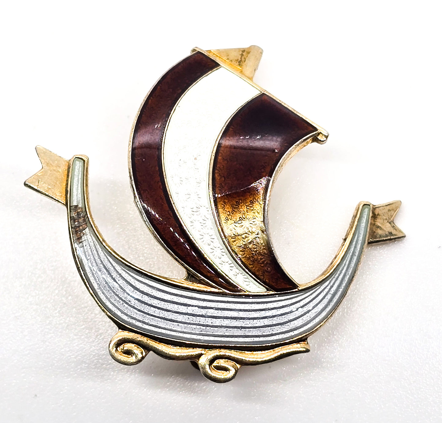 Viking ship Guilloche Aksel Holmsen Norway Sterling Silver Enameled brooch CHIPPED