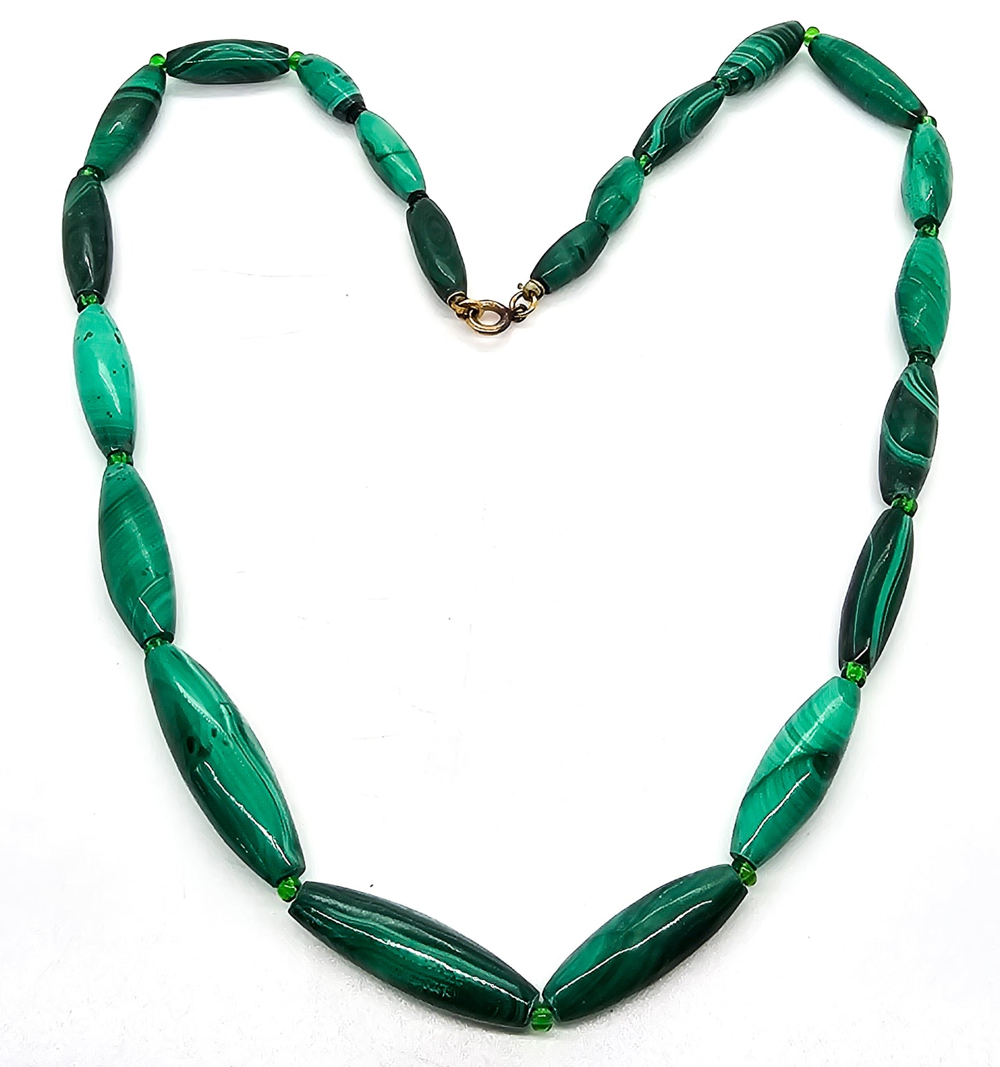 Malachite oblong elongated beaded 12k golf filled vintage gemstone necklace
