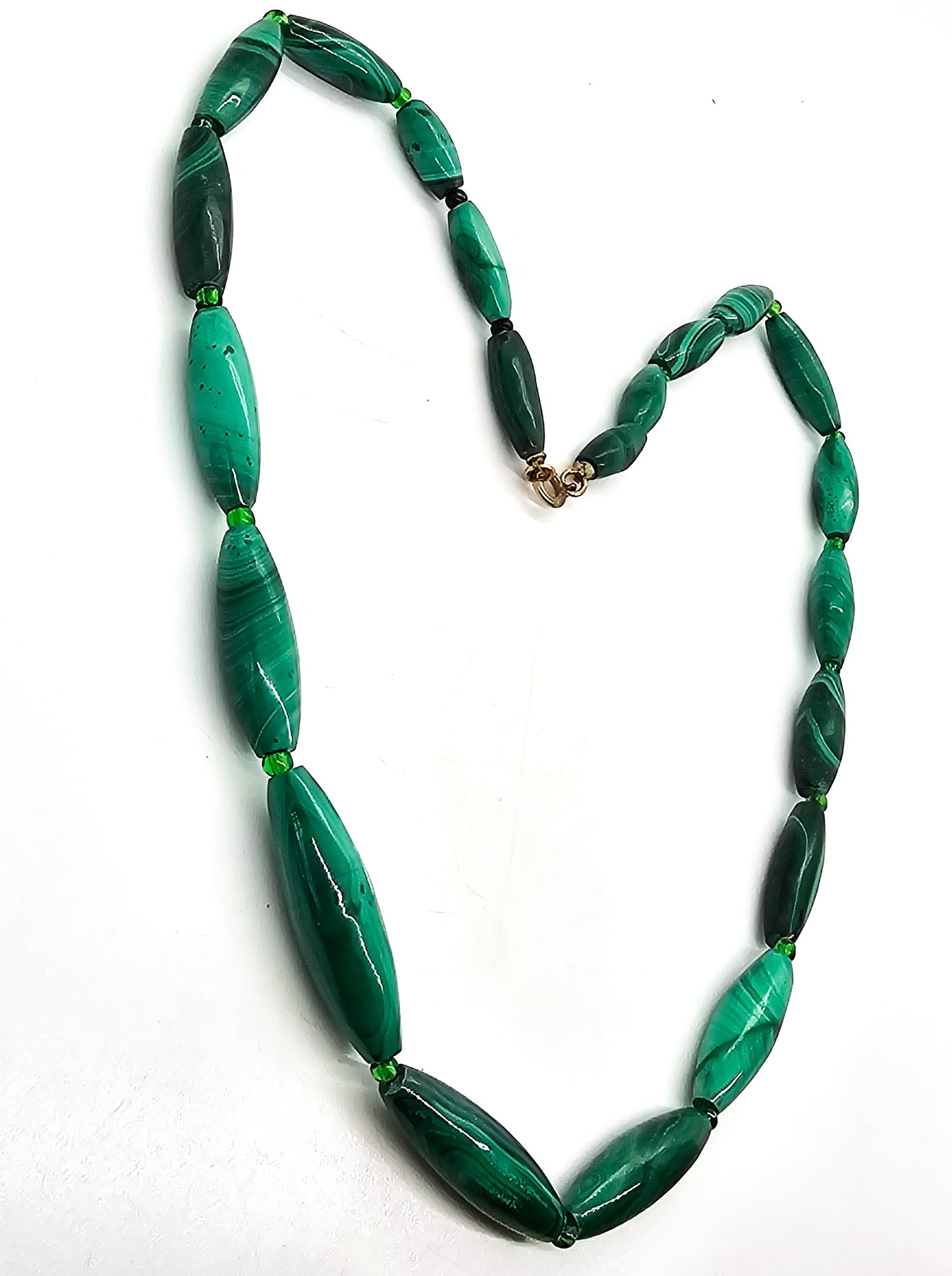 Malachite oblong elongated beaded 12k golf filled vintage gemstone necklace