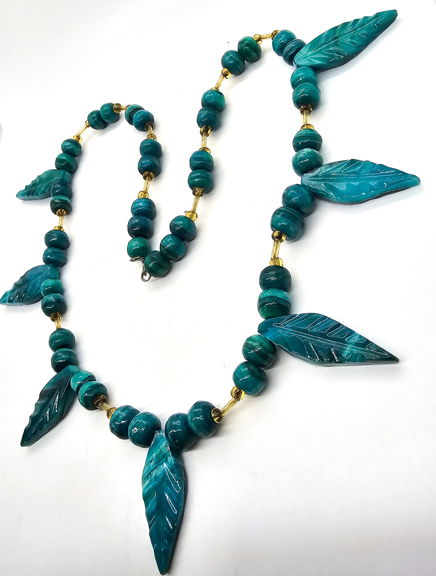 Malachite Chrysocolla beaded leaf 8mm hand crafted artisan vintage necklace