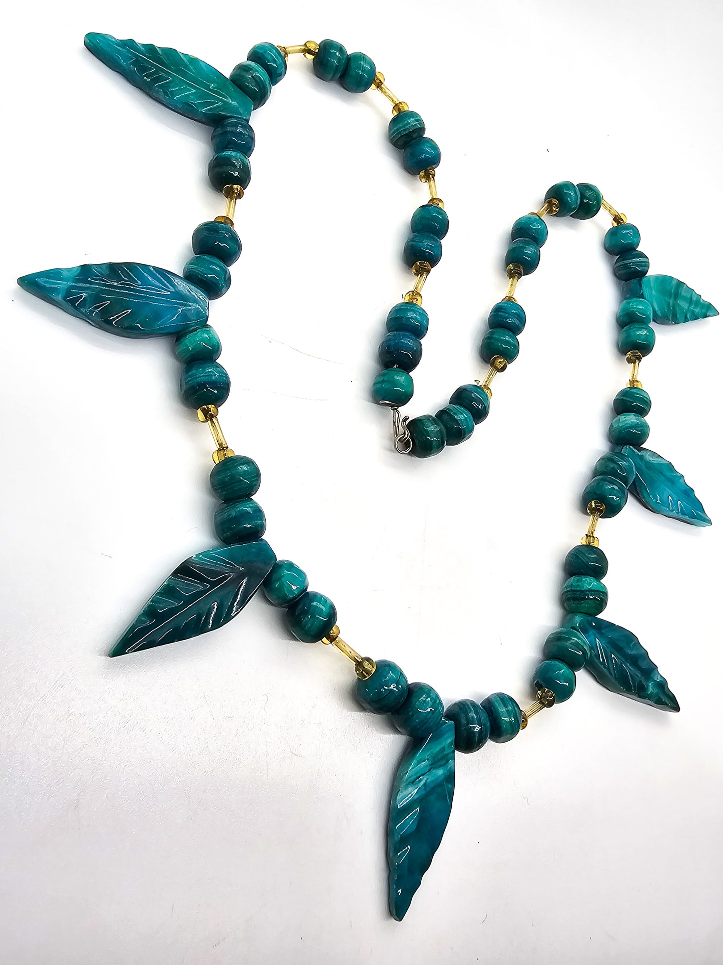 Malachite Chrysocolla beaded leaf 8mm hand crafted artisan vintage necklace