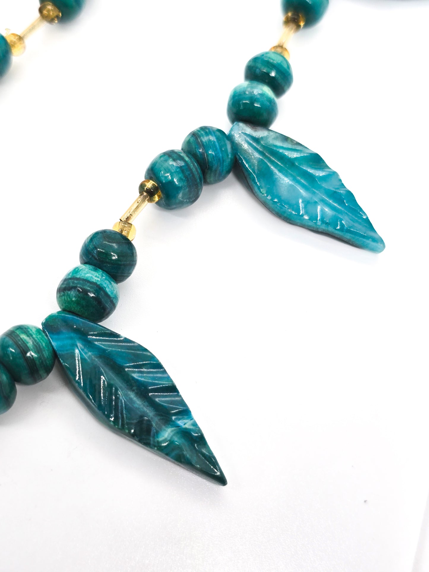 Malachite Chrysocolla beaded leaf 8mm hand crafted artisan vintage necklace