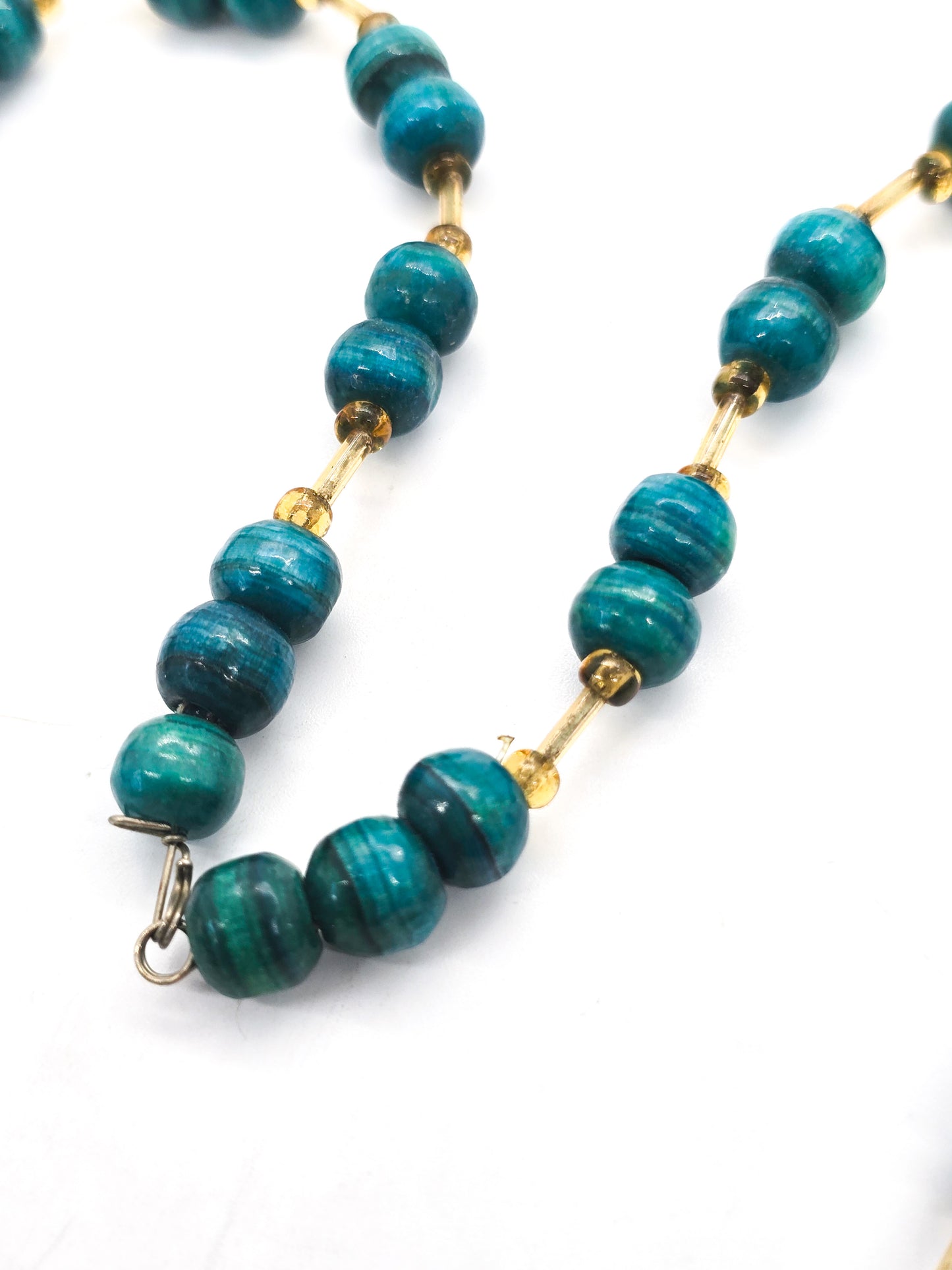 Malachite Chrysocolla beaded leaf 8mm hand crafted artisan vintage necklace