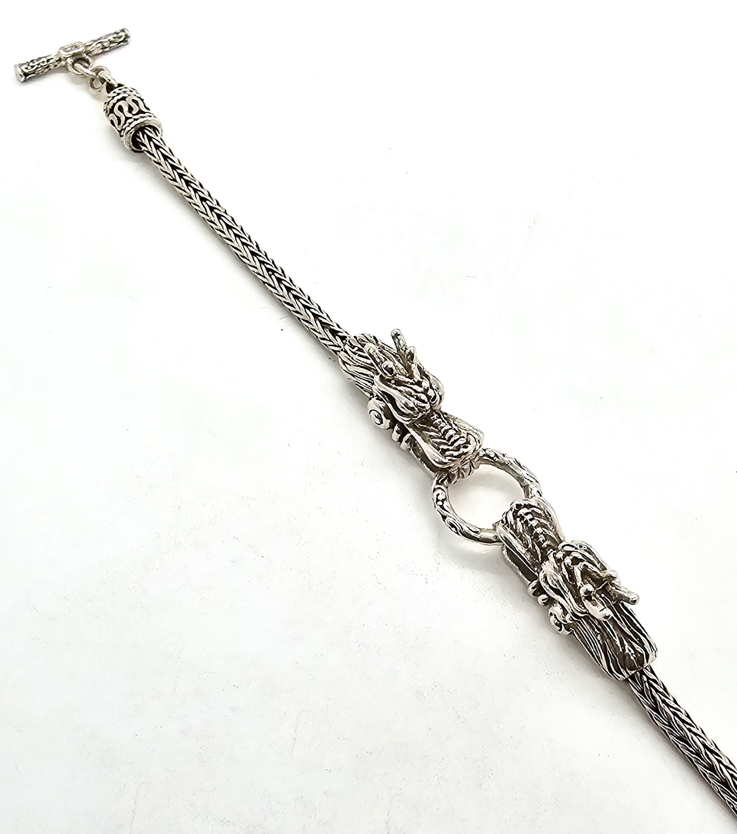 Double Dragon Naga tribal Bali Balinese sterling silver foxtail adjustable toggle bracelet