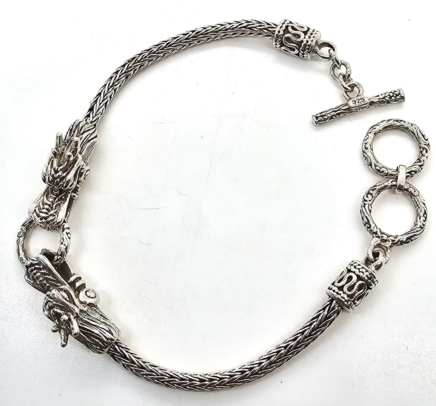 Double Dragon Naga tribal Bali Balinese sterling silver foxtail adjustable toggle bracelet