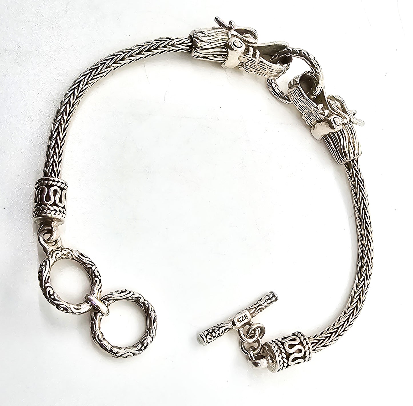 Double Dragon Naga tribal Bali Balinese sterling silver foxtail adjustable toggle bracelet