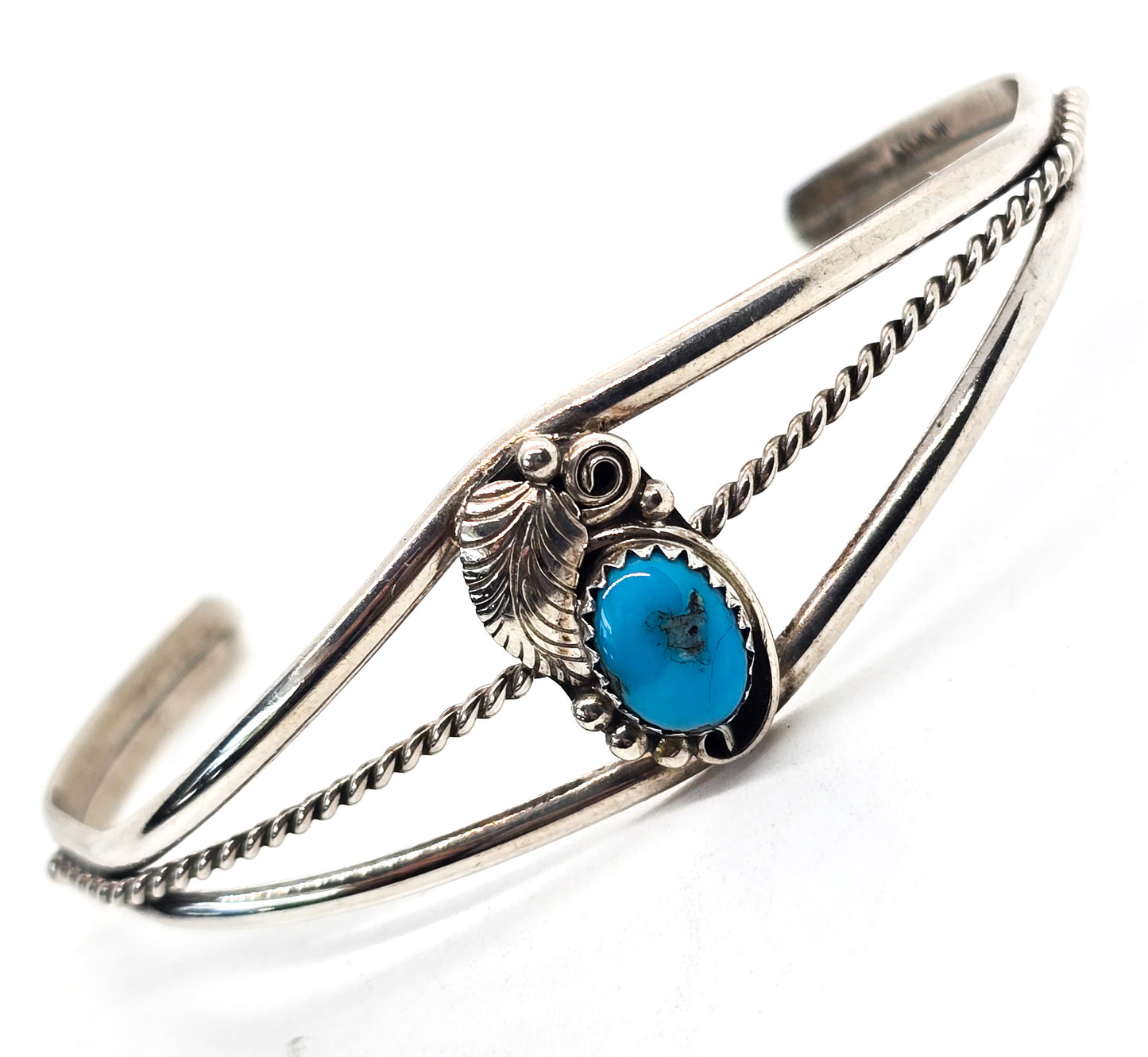 Navajo Native American petite Turquoise sterling silver feather vintage cuff bracelet