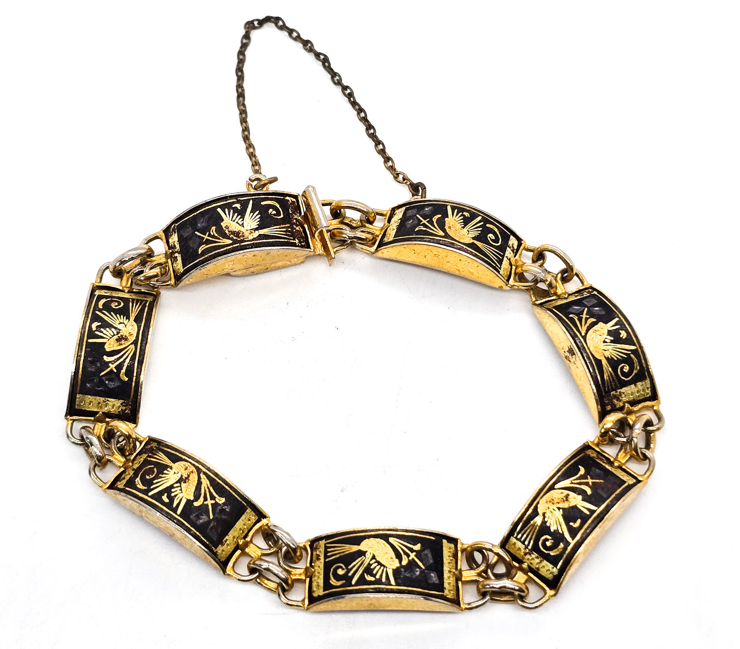 Spanish Damascene flying bird black and gold toned vintage tennis bracelet