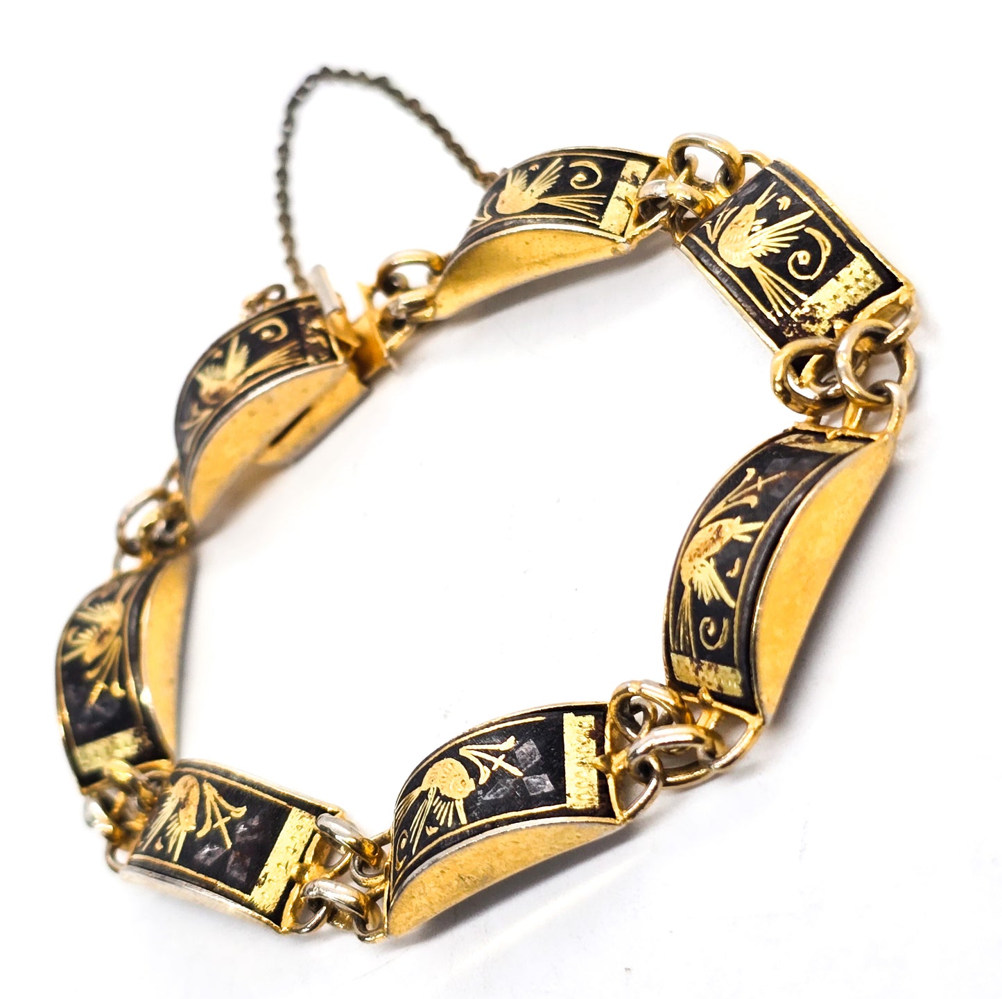 Spanish Damascene flying bird black and gold toned vintage tennis bracelet